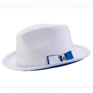 MONTIQUE MEN'S WHITE/ COBALT BOTTOM BRAIDED STINGY BRIM PINCH FEDORA HAT H85.